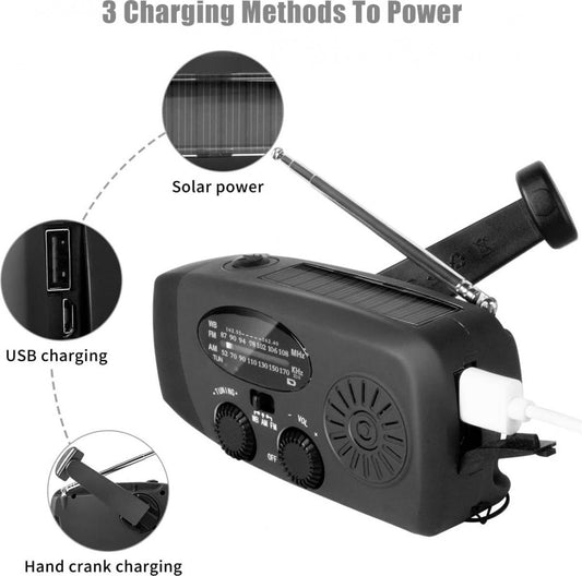 Radio Op Batterijen (Accu) Voor Rampen - Inclusief 10.000 mAh Solar Powerbank - Powerbank Zonneenergie - Radio Opwindbaar - Noodradio Solar Opwindbaar - Zwart