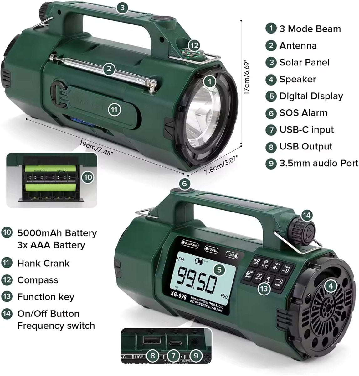 BSTNL Noodradio Solar Opwindbaar en Batterij - 5000 mAh - Powerbank Zonneenergie