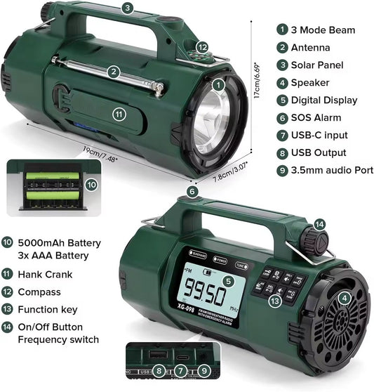 BSTNL Noodradio Solar Opwindbaar en Batterij - 5000 mAh - Powerbank Zonneenergie