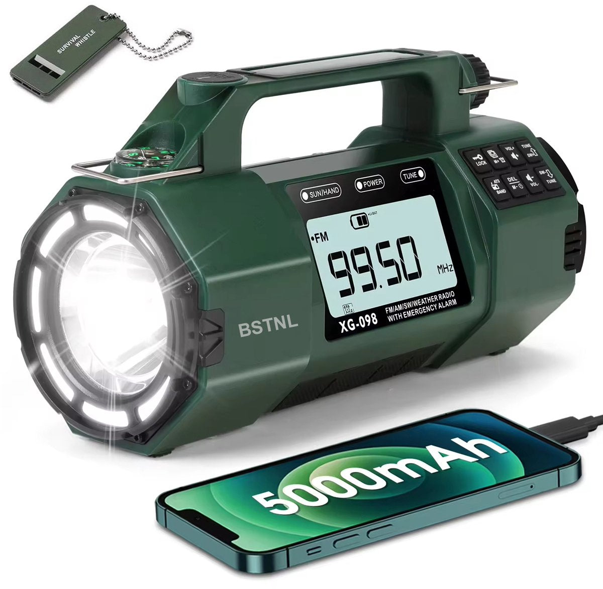 BSTNL Noodradio Solar Opwindbaar en Batterij - 5000 mAh - Powerbank Zonneenergie