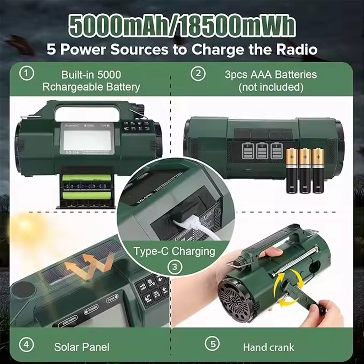 BSTNL Noodradio Solar Opwindbaar en Batterij - 5000 mAh - Powerbank Zonneenergie
